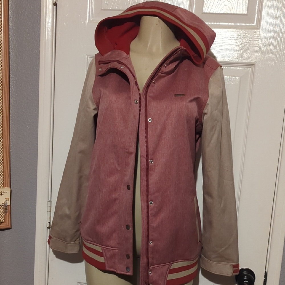 Women's Red and Tan Hooded Jacket
